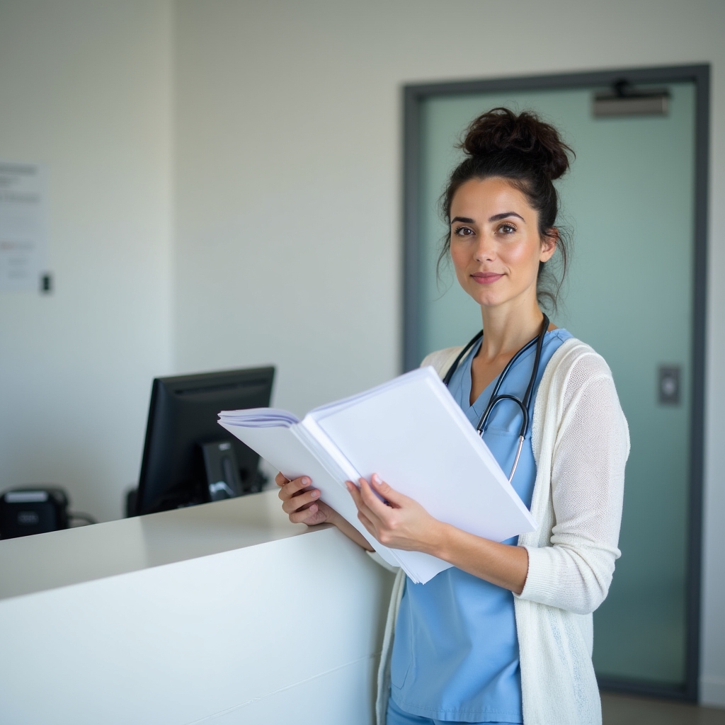 Recepcionista de clínica médica gestionando historiales de pacientes en papel