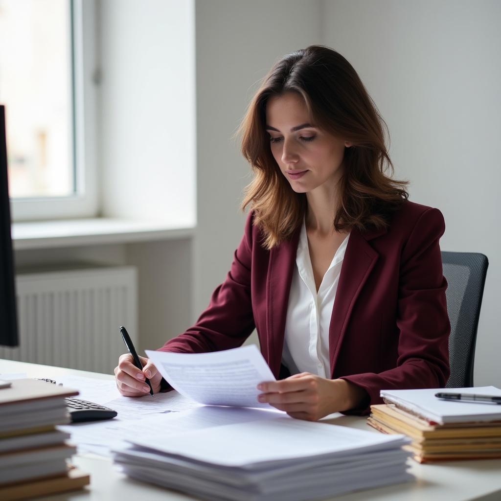 Profesional de gestoría trabajando con documentación fiscal y administrativa